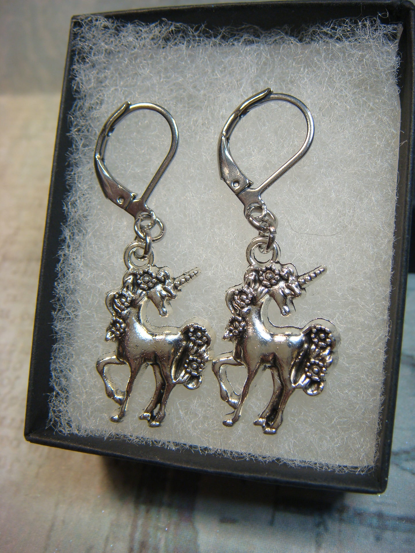 Unicorn Dangle Earrings in Antique Silver