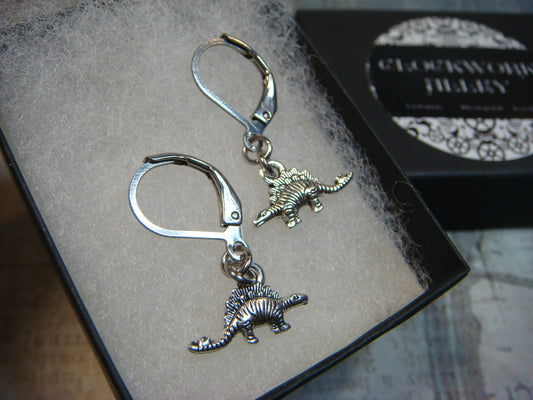 Dinosaur Stego Dangle Earrings in Antique Silver