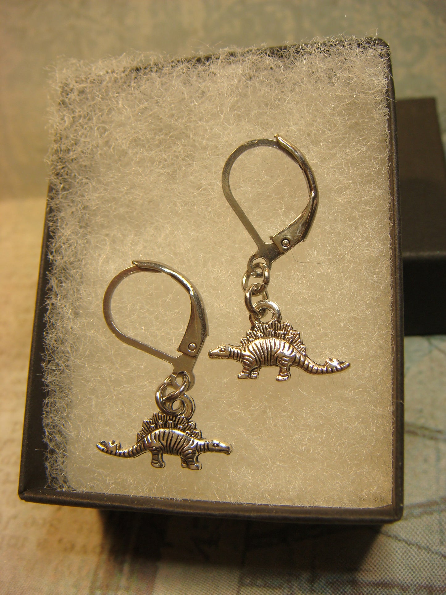 Dinosaur Stego Dangle Earrings in Antique Silver