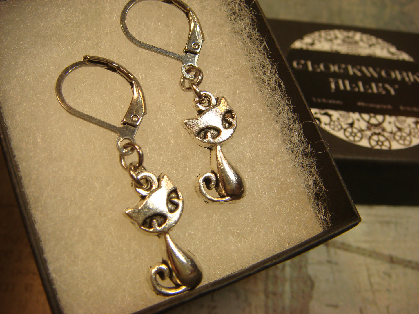 Cat Dangle Earrings in Antique Silver