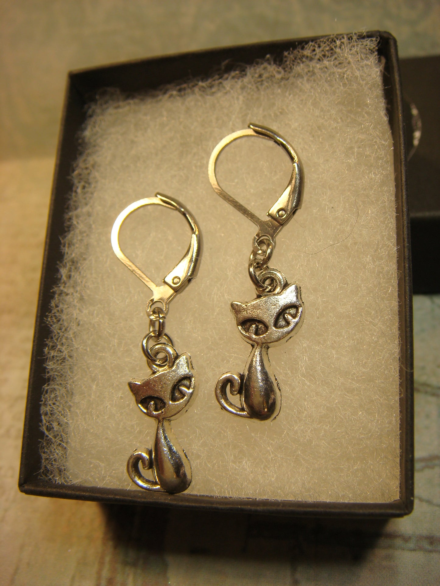 Cat Dangle Earrings in Antique Silver