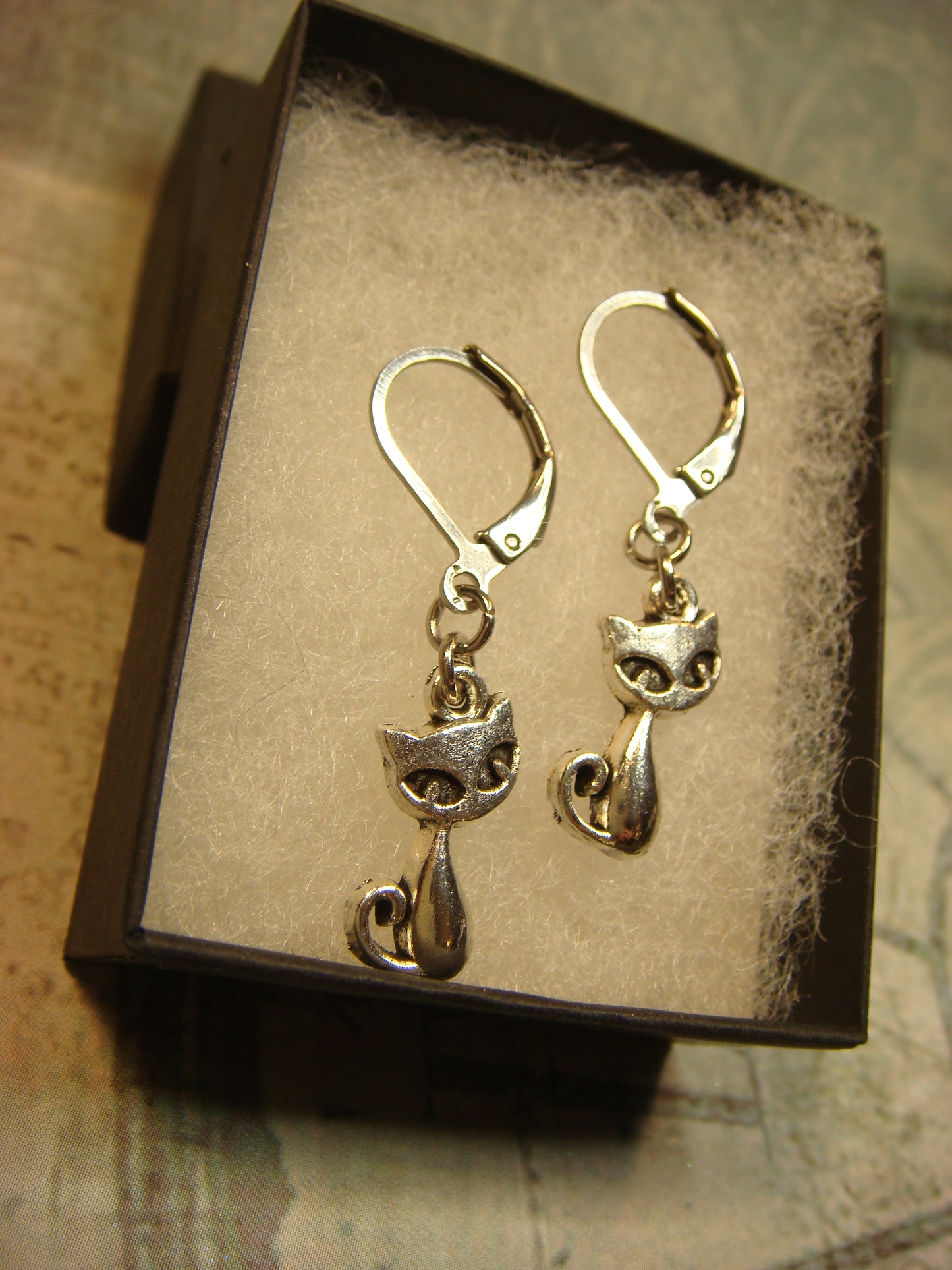 Cat Dangle Earrings in Antique Silver