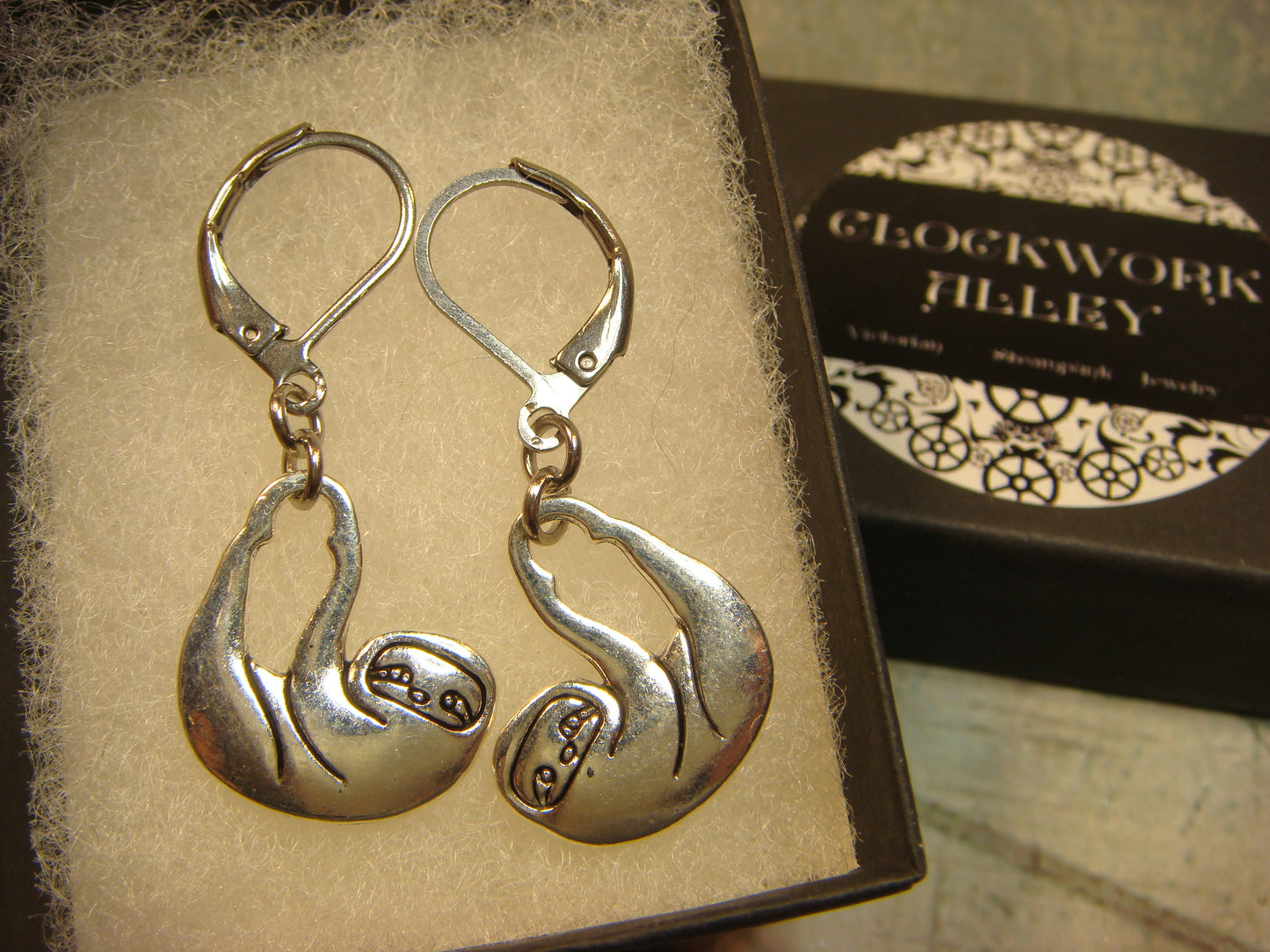 Sloth Dangle Earrings in Antique Silver