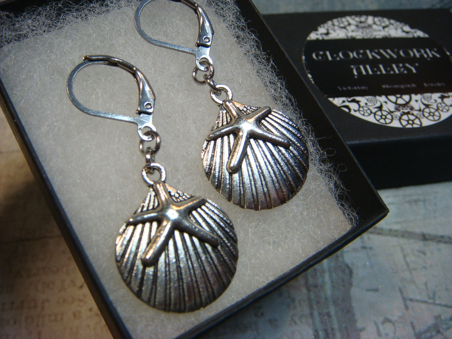 Seashell and Starfish Dangle Earrings in Antique Silver