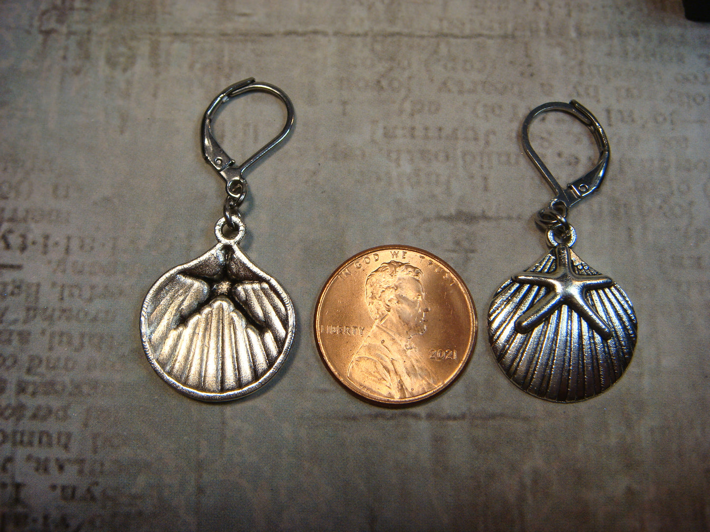 Seashell and Starfish Dangle Earrings in Antique Silver