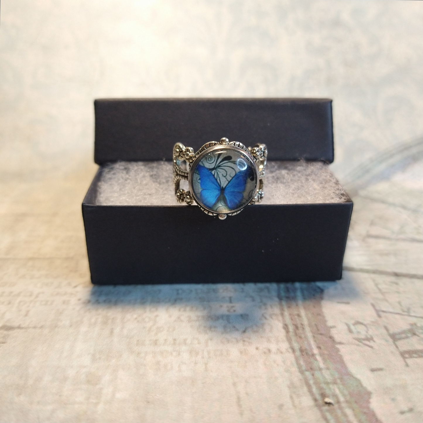 Blue Butterfly Image Filigree Ring in Antique Silver - Adjustable