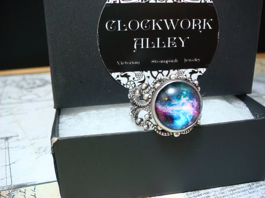 Nebula Galaxy Image Filigree Ring in Antique Silver - Adjustable