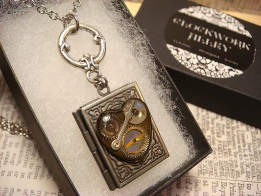 Heart Gears and Watch Parts Book Locket Necklace