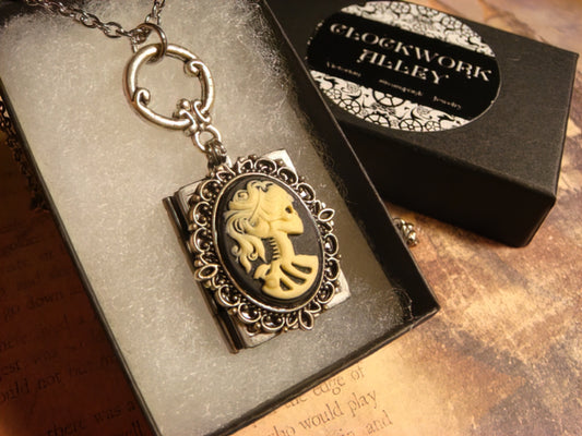 Cameo Skeleton Ornate Book Locket Necklace