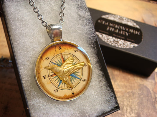 Hummingbird over Compass Rose Pendant Necklace