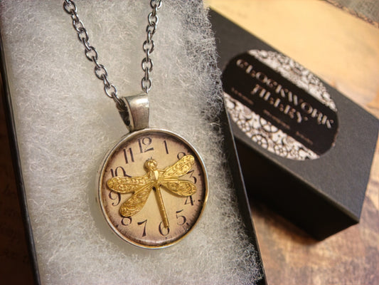 Dragonfly over Clock Small Pendant Necklace