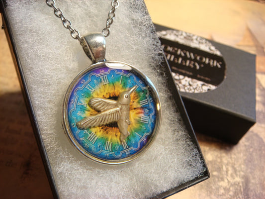 Hummingbird over Colorful Clock Pendant Necklace