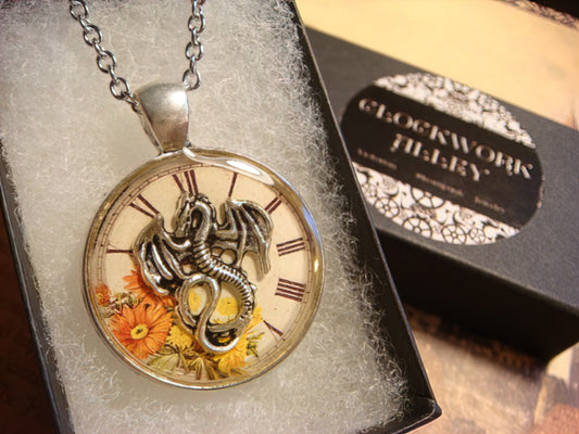 Dragon over Floral Clock Pendant Necklace