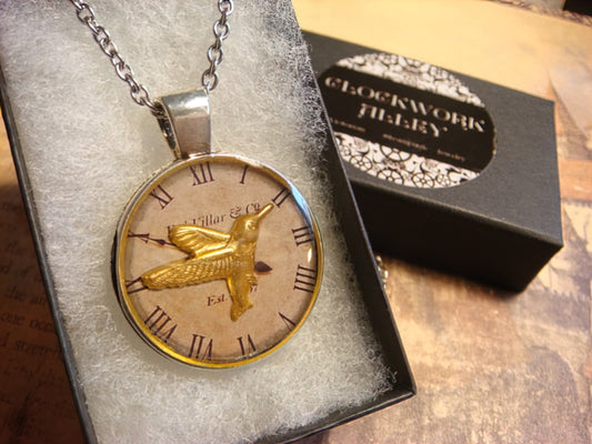 Hummingbird over Clock Pendant Necklace
