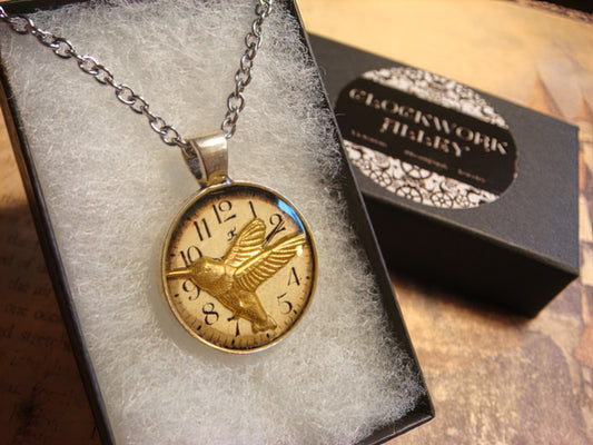 Hummingbird over Clock Small Pendant Necklace