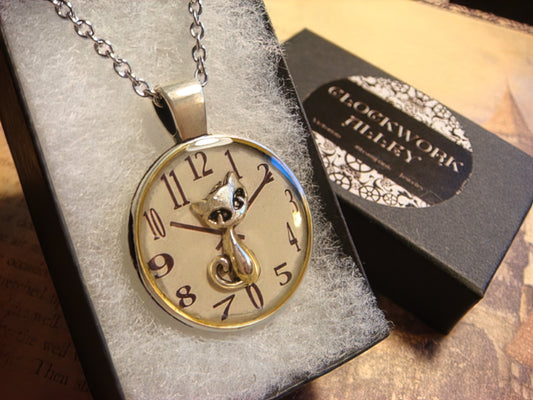 Cat over Clock Pendant Necklace