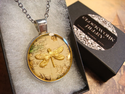 Dragonfly over Map Pendant Necklace