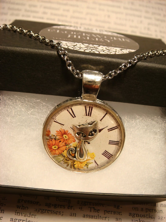 Cat over Floral Clock Pendant Necklace