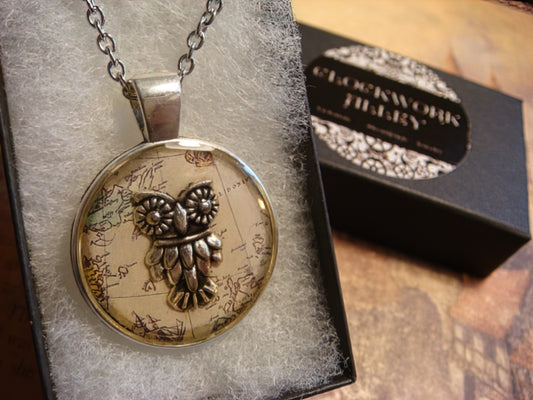 Owl over Map Pendant Necklace