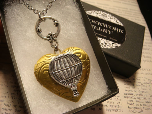 Hot Air Balloon Heart Locket Necklace in Antique Silver and Bronze