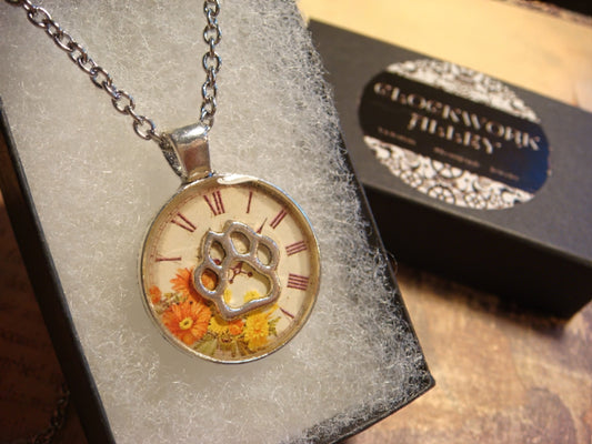 Paw over Floral Clock Small Pendant Necklace