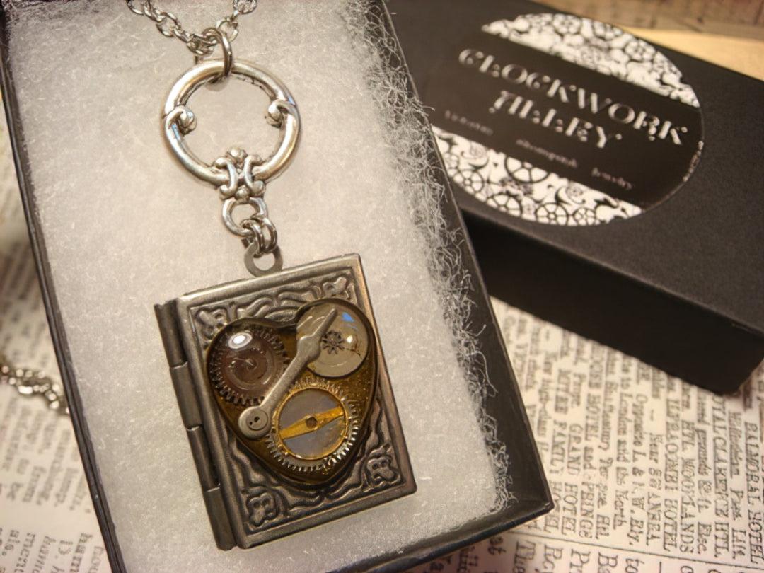 Heart Gears and Watch Parts Book Locket Necklace