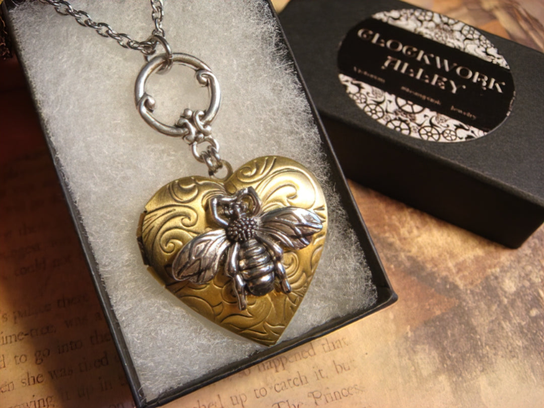 Bee Heart Locket Necklace in Antique Silver and Bronze