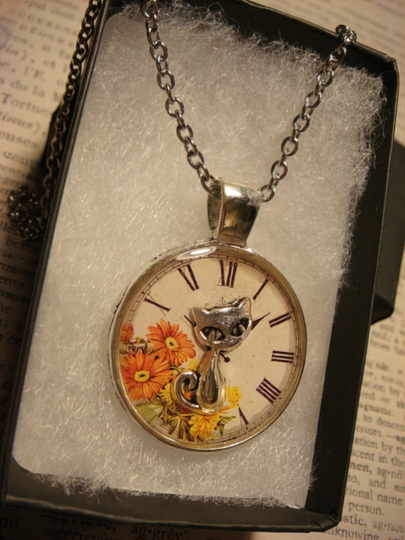 Cat over Floral Clock Pendant Necklace