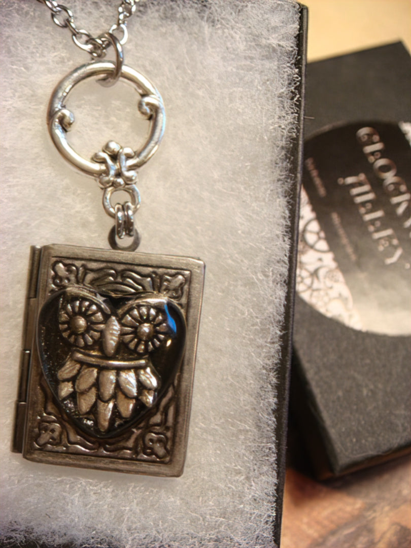 Owl Heart Book Locket Necklace
