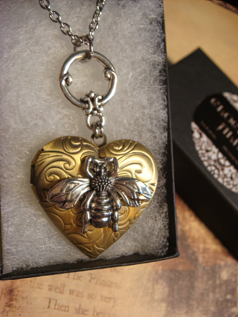 Bee Heart Locket Necklace in Antique Silver and Bronze
