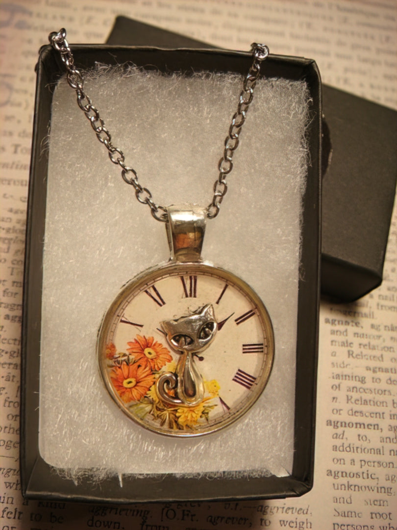 Cat over Floral Clock Pendant Necklace