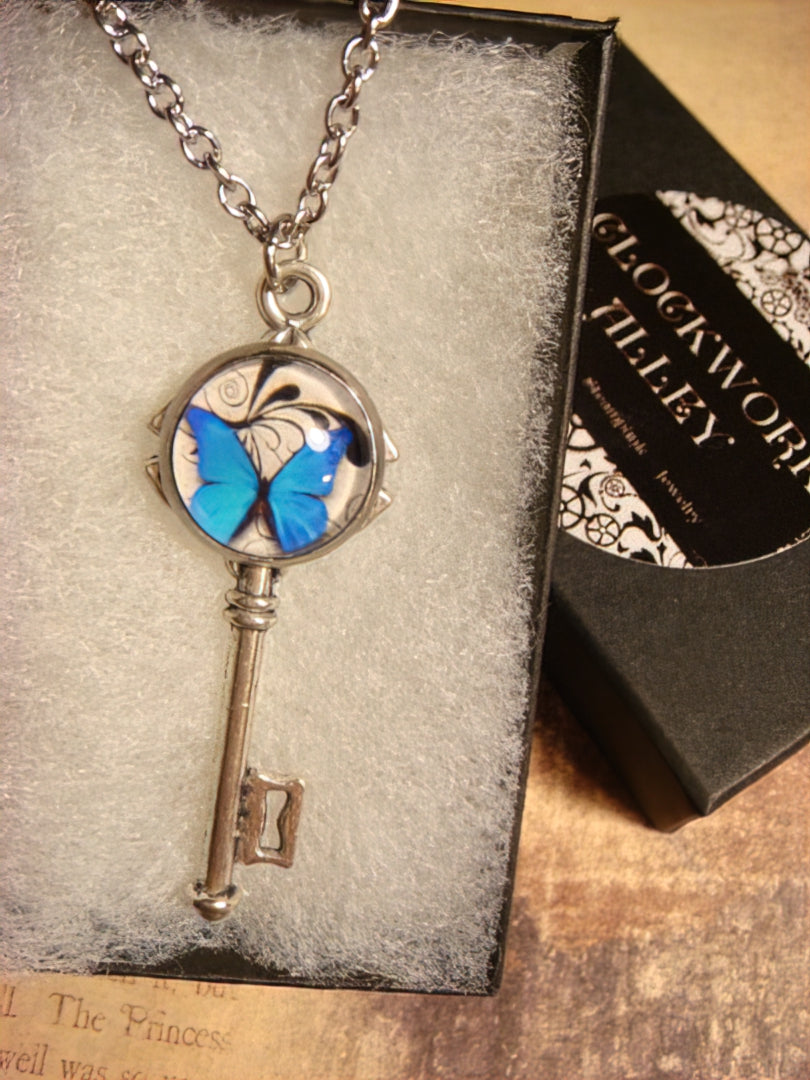 Blue Butterfly Image Key Necklace