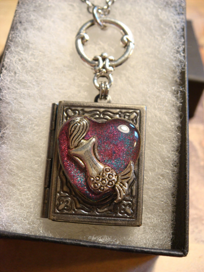 Mermaid Sparkle Heart Book Locket Necklace