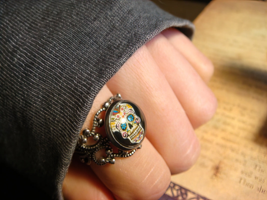 Sugar Skull Image Filigree Ring in Antique Silver - Adjustable