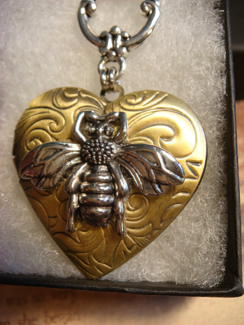 Bee Heart Locket Necklace in Antique Silver and Bronze