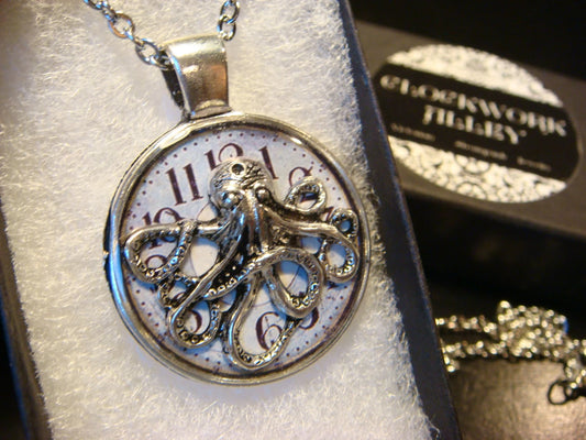 Octopus over Clock Pendant Necklace