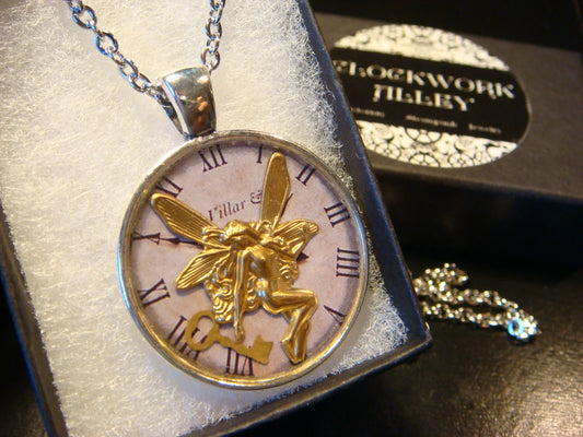 Fairy and Key over Clock Pendant Necklace