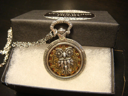 Owl over Etched Gear Pocket Watch Pendant Necklace
