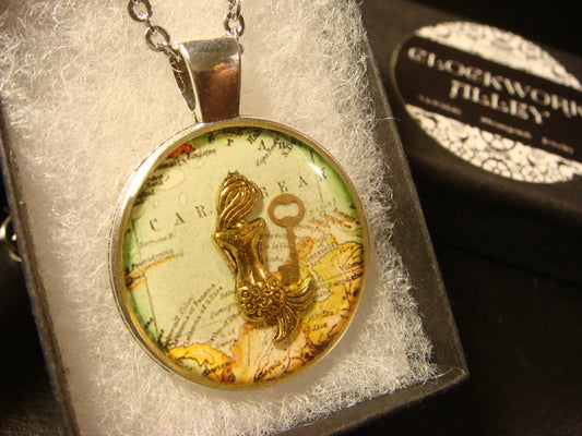 Mermaid and Key over Map Pendant Necklace