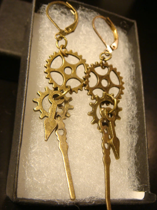 Gears, Cogs and Watch Hands Dangle Earrings in Antique Bronze