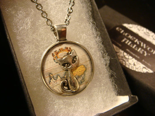 Cat over Map Small Pendant Necklace