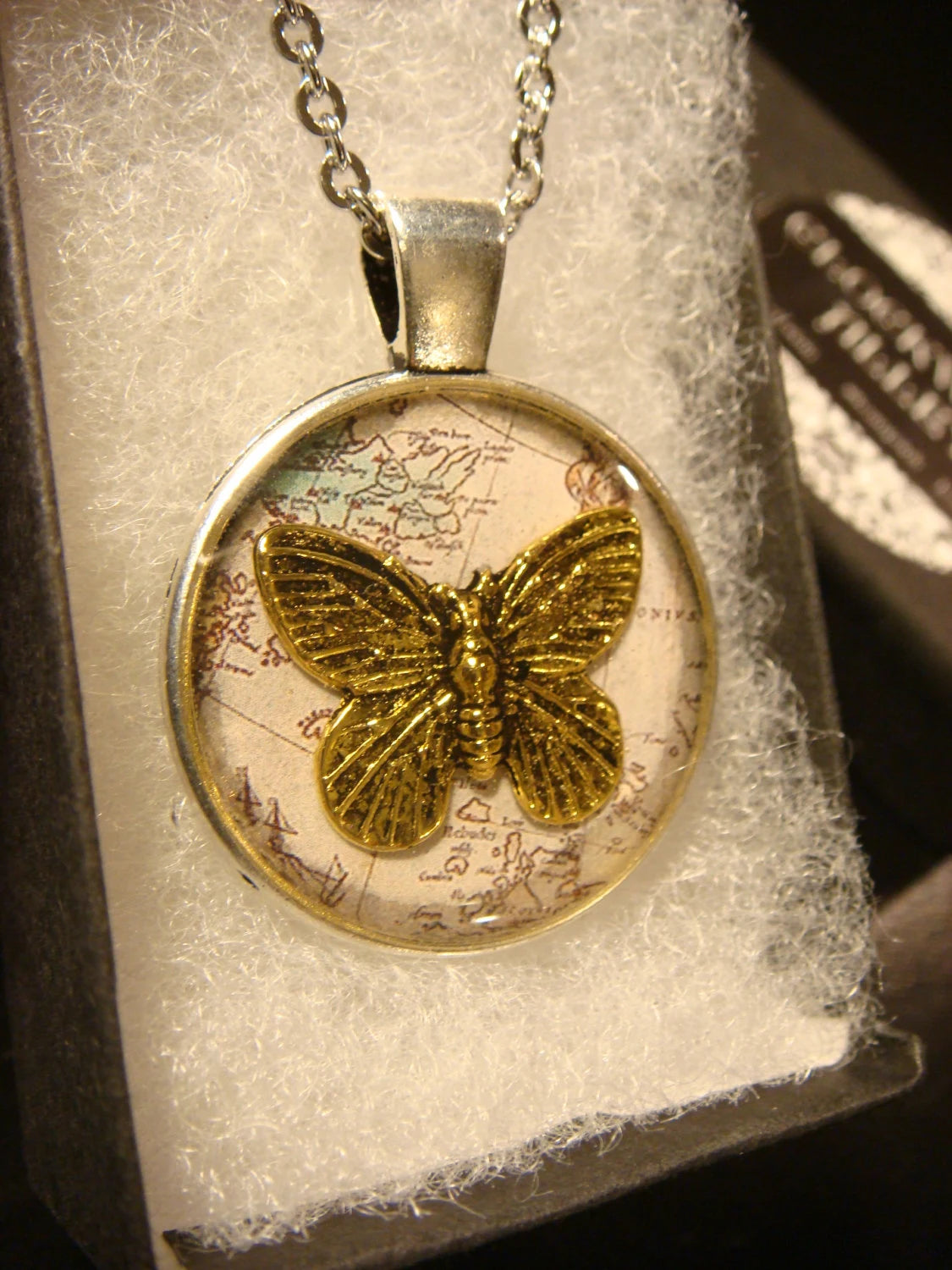 Butterfly over Map Pendant Necklace