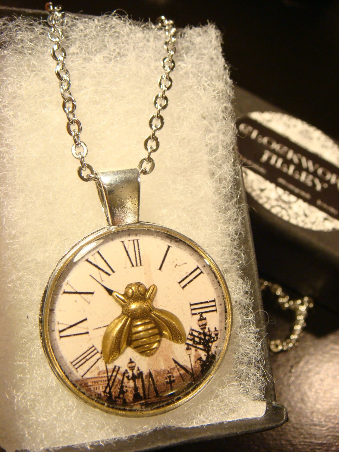 Bee over Victorian Clock Pendant Necklace