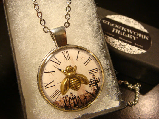 Bee over Victorian Clock Pendant Necklace