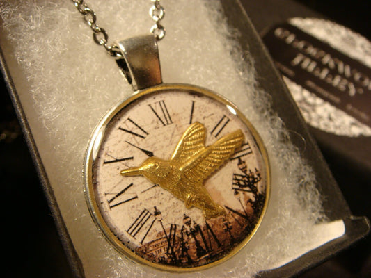 Hummingbird over Victorian Clock Pendant Necklace