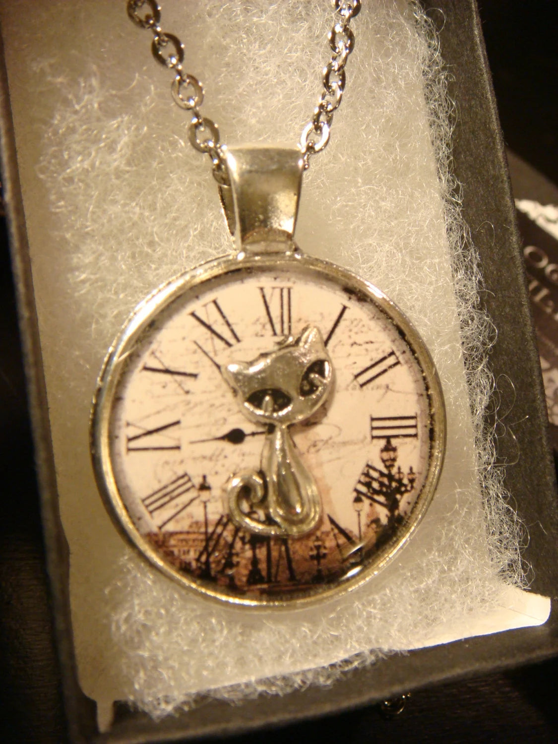 Cat over Victorian Clock Pendant Necklace