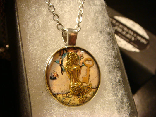 Mermaid over Map Pendant Necklace