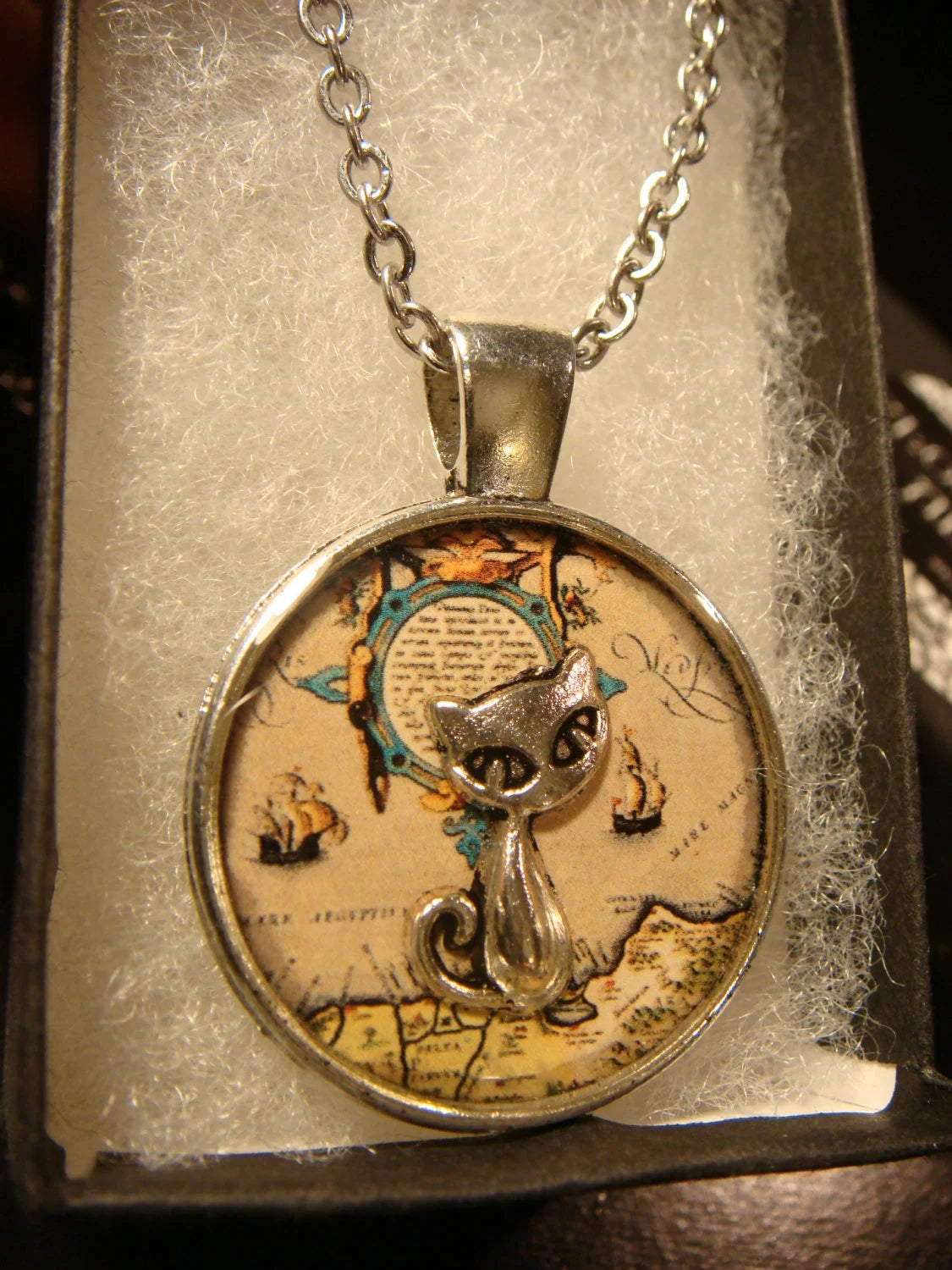 Cat over Map Pendant Necklace