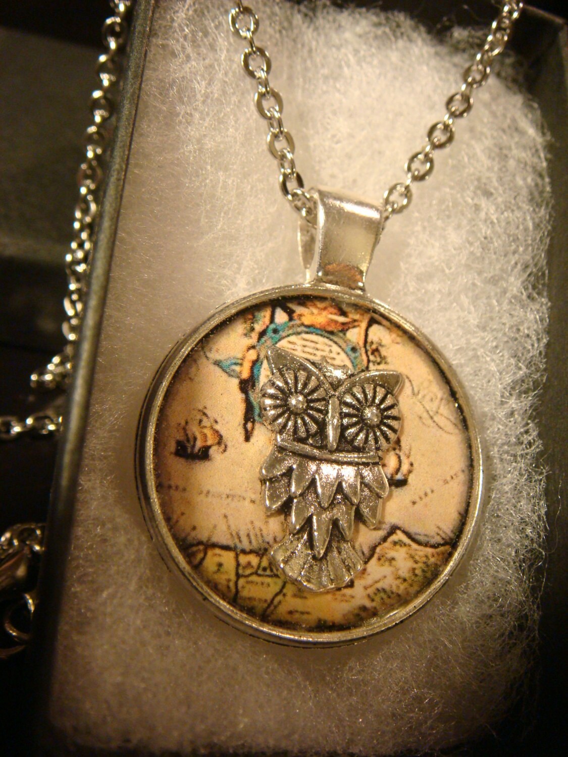 Owl over Map Pendant Necklace