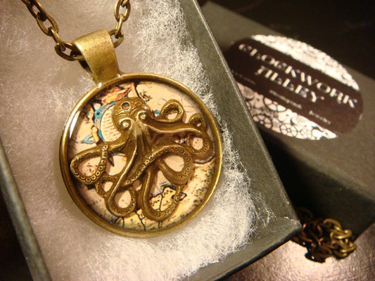 Octopus over Map Pendant Necklace